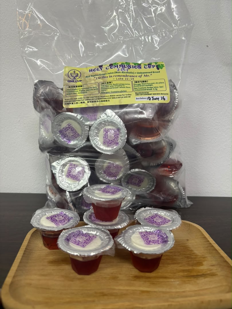 One Cup packaging with communion cups on a tray